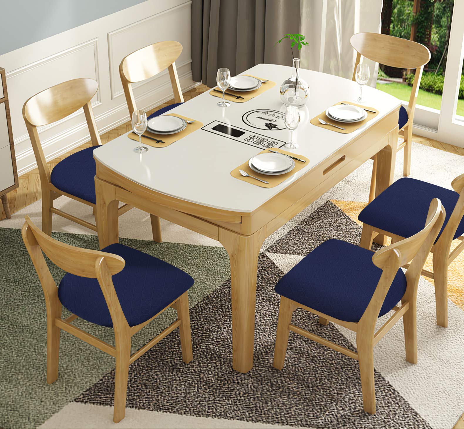Smiry Stretch Checkered Jacquard Dining Room Chair Seat Covers with Buckle - Set of 4, Navy Blue - Waterproof & Anti-Slip Seat Protectors for Home, Restaurant, and Office Use
