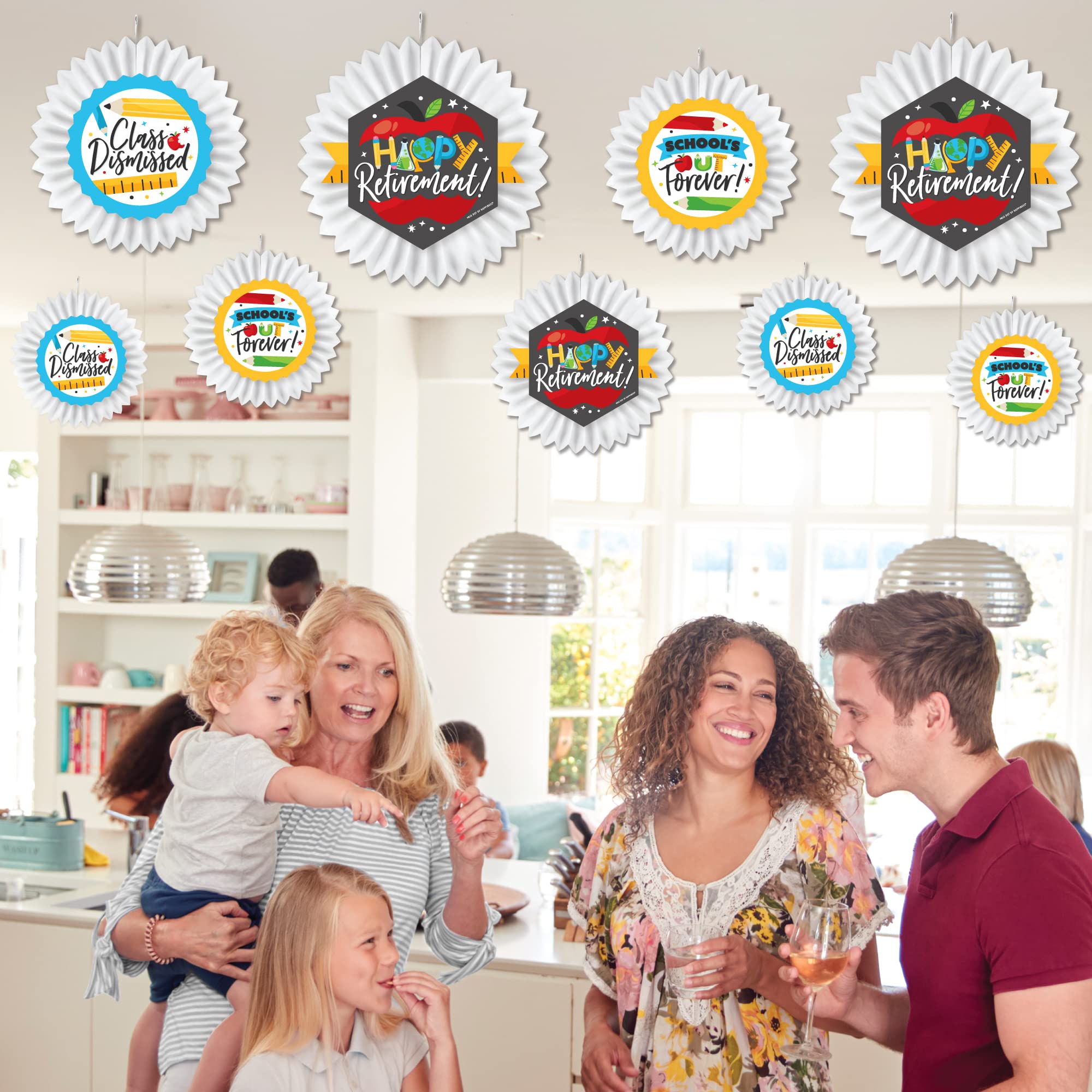 Happy Retirement Party Decorations - Set of 9 Hanging Tissue Paper Fans & Decor Kit for Teacher Retirement Celebrations - Perfect for Classroom, Office & Home Retirement Parties