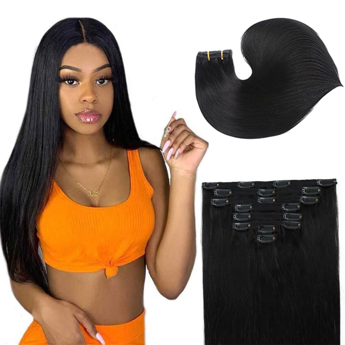 Brazilian Virgin Remy Human Hair Clip-in Extensions - 100% Real Human Hair, 8Pcs 12 Inch Double Weft (120g) for Black Women - Natural Black Color for Daily Styling & Special Occasions