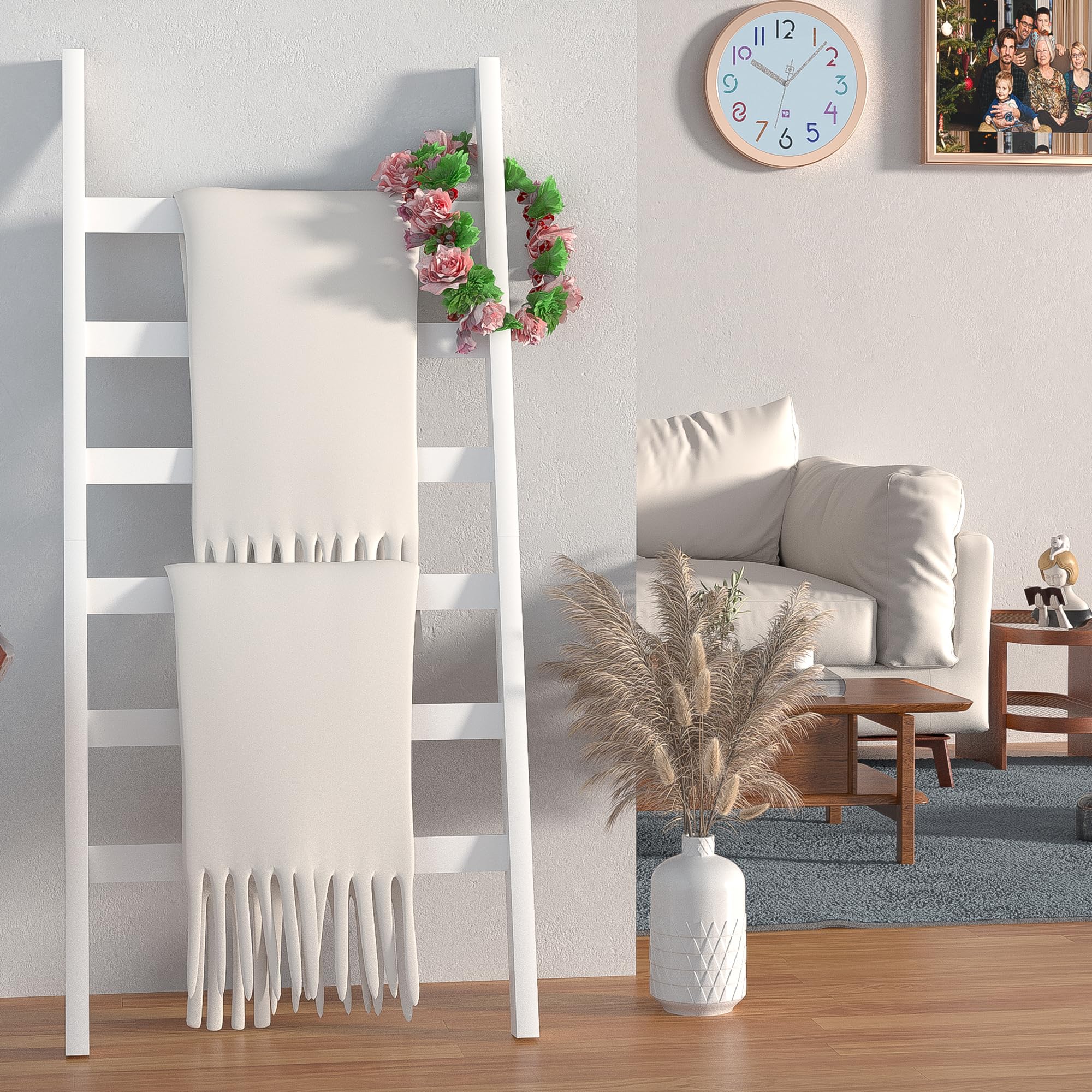 6-Tier Blanket Ladder - 68.9 Inch Tall Rustic Bamboo Blanket Rack & Wall Shelf for Bathroom, Living Room, Bedroom - White | Perfect for Organizing Throws, Quilts, and Towels in Home Decor
