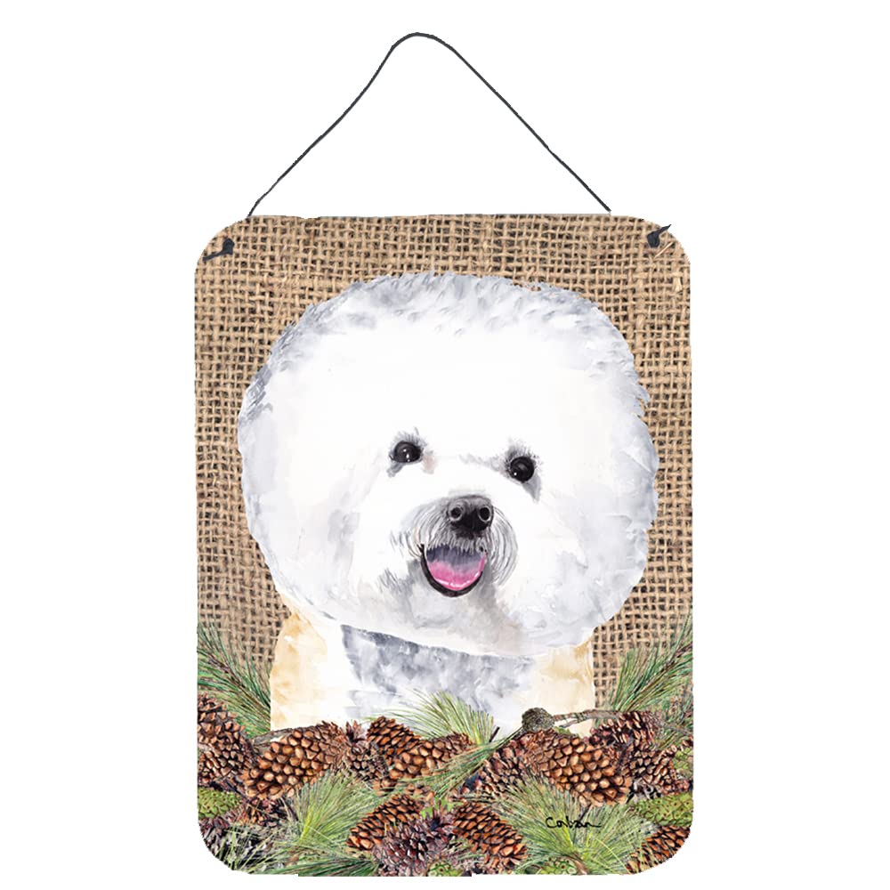 Caroline's Treasures Bichon Frise Faux Burlap & Pine Cones Metal Wall Decor - 12x16 Multicolor Aluminum Sign for Kitchen, Bathroom, Bar, Front Door - Perfect for Farmhouse, Rustic & Pet Lover Home Decor