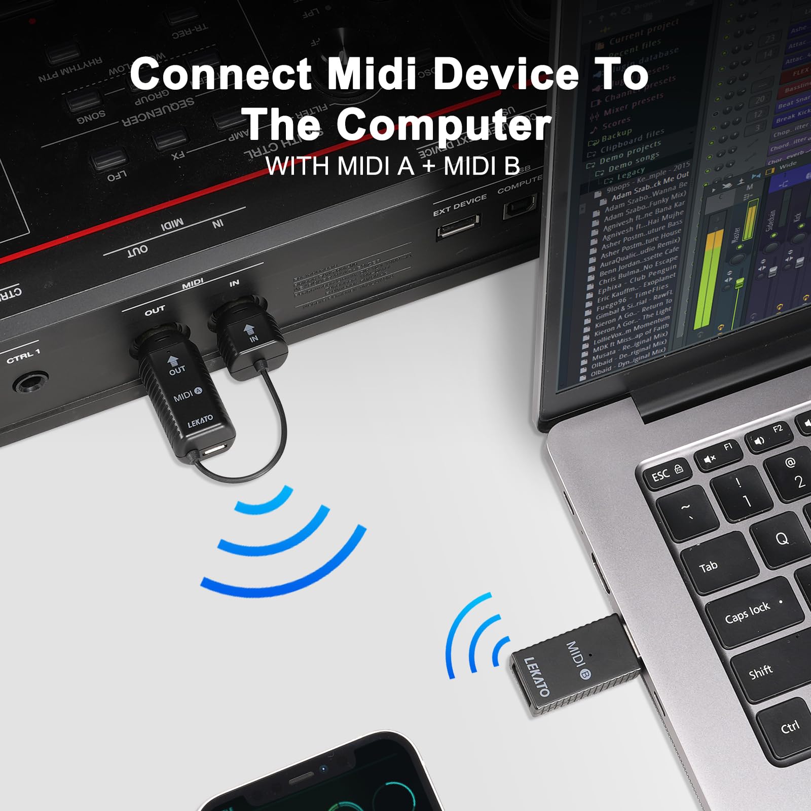 LEKATO Wireless MIDI Adapter - Bluetooth 5.0 USB MIDI Controller with Ultra Low Latency, 5-Pin MIDI Converter for Synthesizers & Keyboards (Compatible with Mac OS, iOS, Windows) - Perfect for Home Studios & Live Performances
