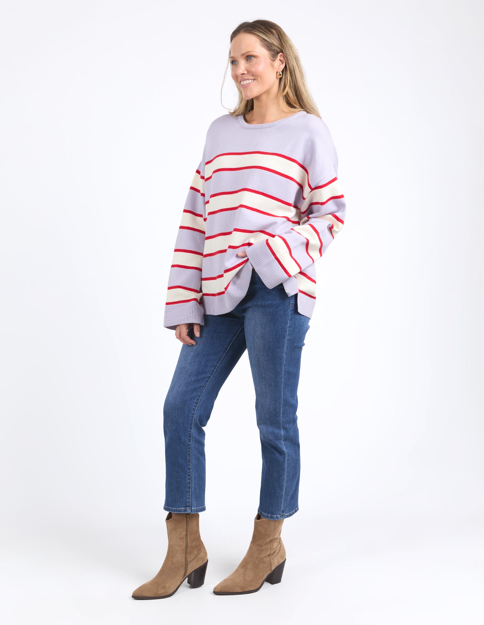 Elm Joni Stripe Knit Sweater - Dusty Lilac, Poppy & Marshmallow Stripes | Women's Casual Pullover for Fall & Winter | Perfect for Office, Dates & Cozy Evenings