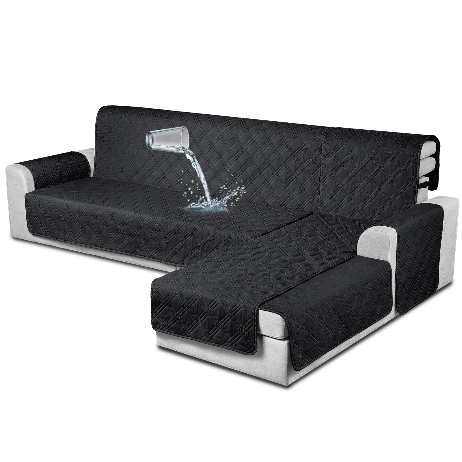 TAOCOCO 100% Waterproof L-Shaped Sectional Sofa Cover Set - 3-Piece Reversible Chaise Lounge Covers with Elastic Straps for Pets & Kids, Fits X-Large Couches (Black) - Perfect for Living Room, Family Room & Pet-Friendly Homes