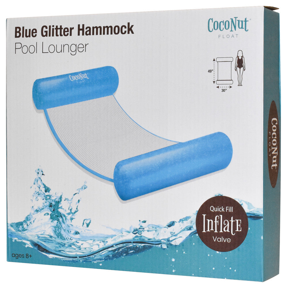 **Blue Glitter Inflatable Coconut Float Hammock Pool Lounger - 49 x 30 Inches, Ultra Comfortable Relaxation Chair for Pool, Beach, or Backyard - Perfect for Summer Fun & Sunbathing**