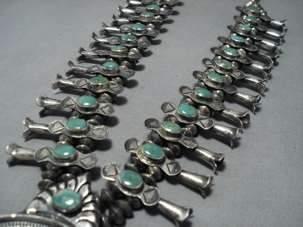 1940's Vintage Native American Jewelry Navajo Green Turquoise Sterling Silver Squash Blossom Necklace