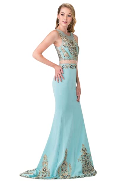 Elizabeth K GL2248 Embroidered Two-Piece Long Dress - Blue, Size M | Elegant Floral Embroidery Maxi Dress for Women, Perfect for Weddings, Parties & Special Occasions