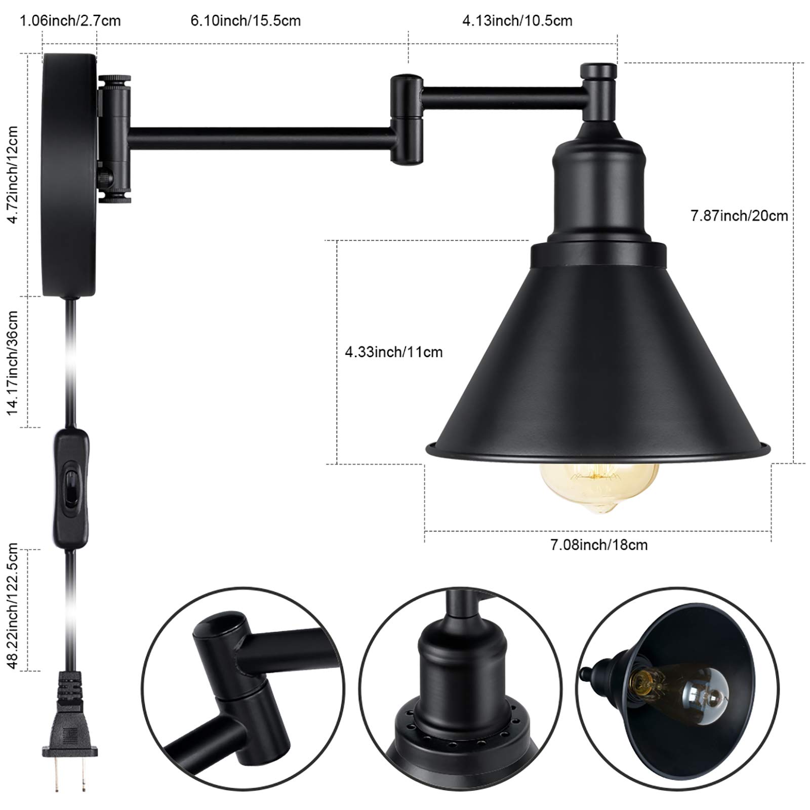 Industrial Swing Arm Wall Sconce Light Fixture - Plug-in Cord with On/Off Switch - Black Finish (2 Pack) - Perfect for Bedroom, Living Room, and Office Lighting