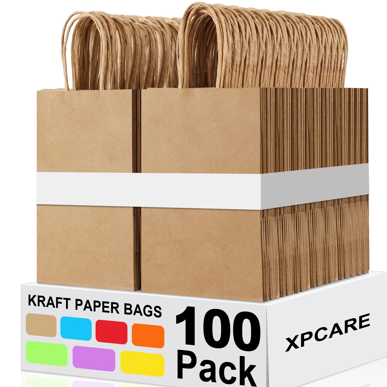 XPCARE 100Pcs Kraft Paper Gift Bags with Handles - 5.25x3.25x8.25 Inches Small Brown Shopping Bags Bulk for Retail, Parties, Wedding Favors & Gift Packaging
