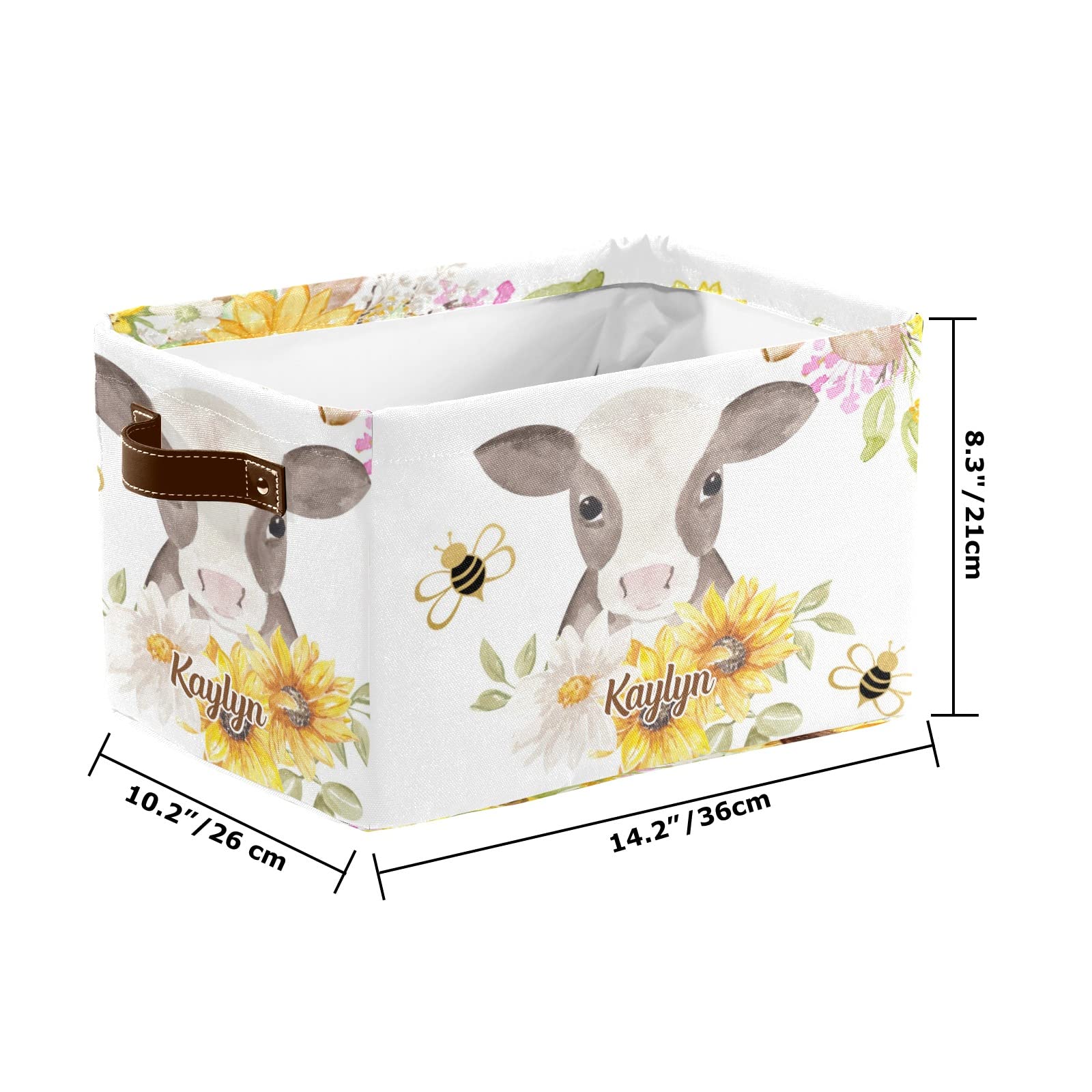 Personalized Farm Cow Sunflower Bee Storage Bins - Durable Handled Organizer Basket for Shelves, Wardrobe, Nursery & Toy Storage (1 Pack) - Perfect for Kids' Room Organization & Home Decor