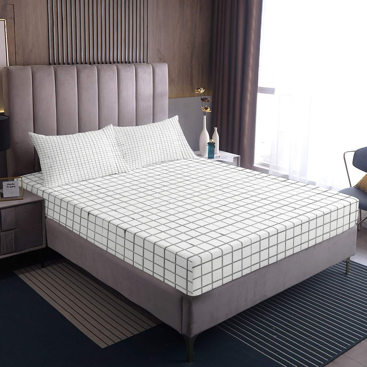 Geometric Gingham Fitted Sheet Set - 3 Piece Queen Size Kids Bedding (1 Fitted Sheet + 2 Pillowcases) - Soft Microfiber, Simple Style - Perfect for Children's Rooms, Dorm Decor & Cozy Bedroom Makeovers