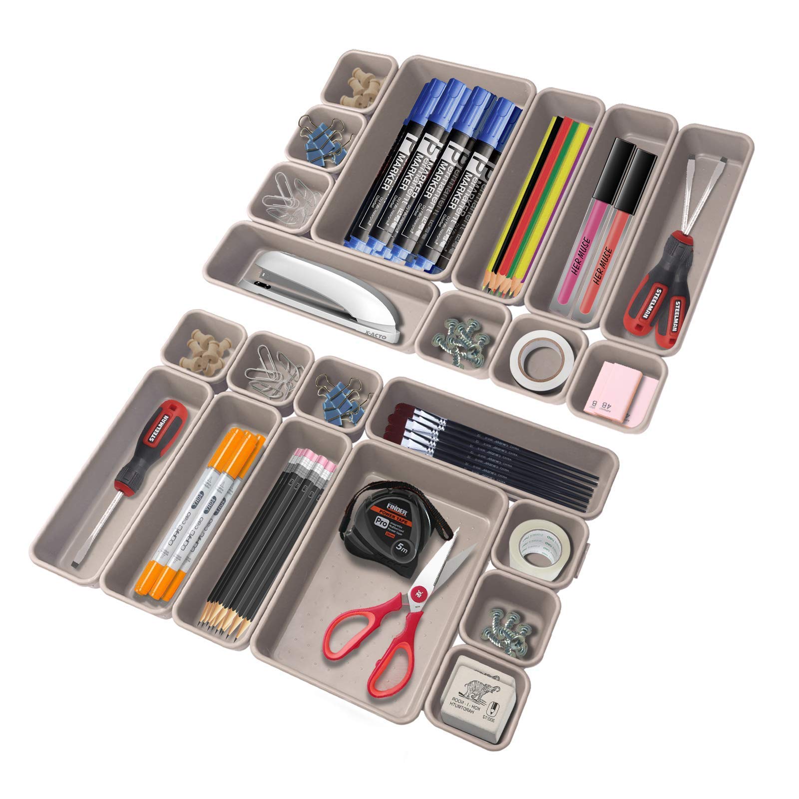 KeFanta 22 Pack Interlocking Drawer Organizer Trays - Space Saving Grey Storage Bins for Office, Bathroom, Kitchen & Makeup Organization - Perfect for Clutter-Free Desks, Vanities and Cabinets