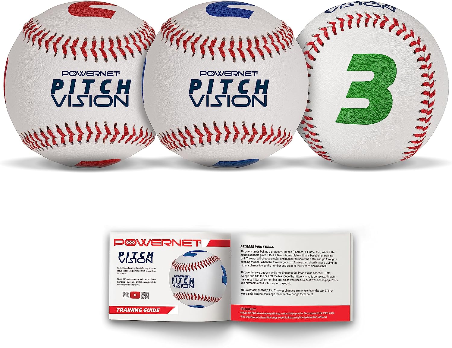 Powernet Pitch Vision Training Baseballs 3-Pack or 9-Pack | 4 Numbered Sides | Multicolored Practice Balls for Baseball & Softball Training | Improve Pitching Accuracy & Fielding Skills
