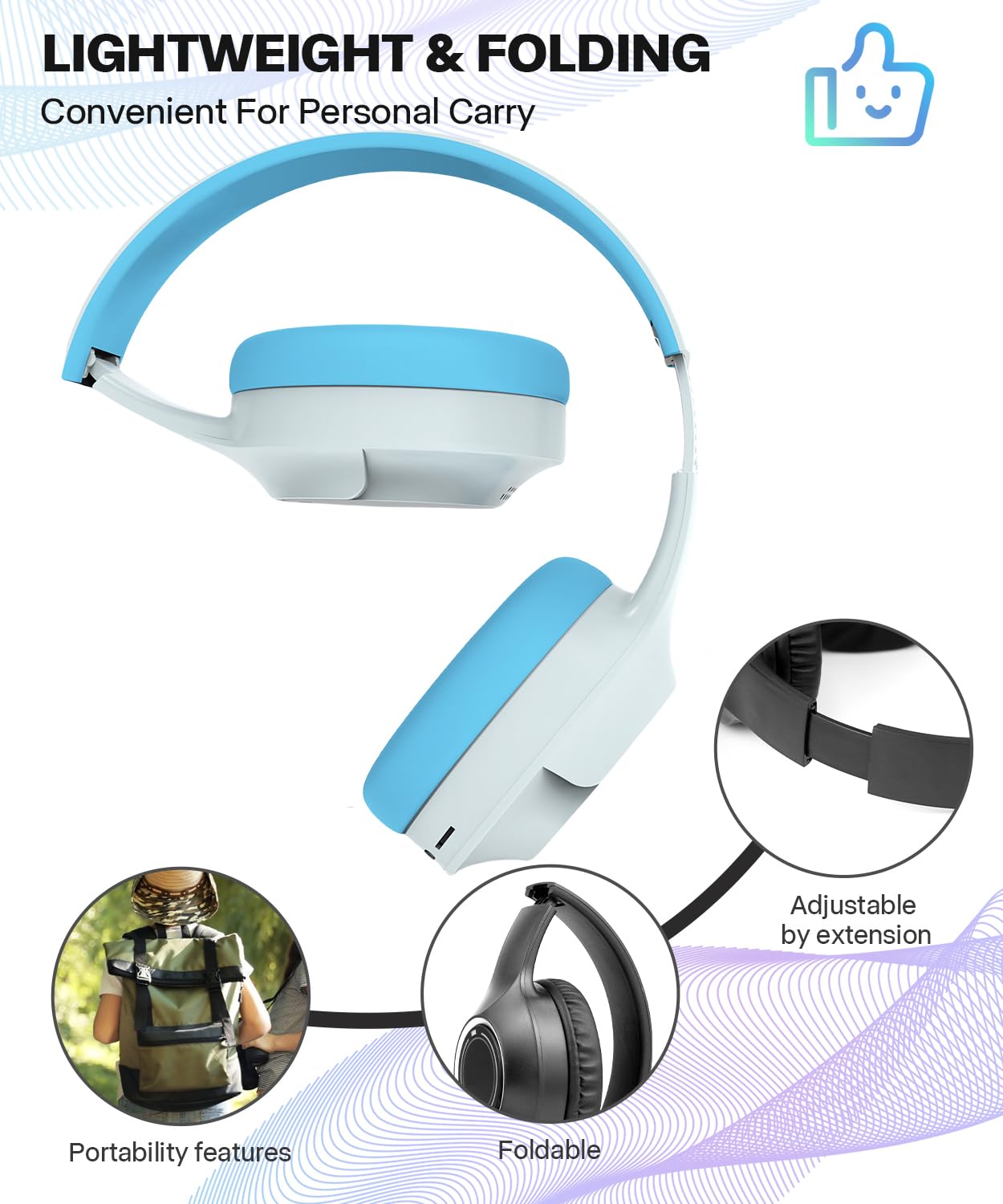 Wireless Bluetooth Headphones for Kids with LED Lights, Built-in Mic, Over-Ear Design - Bluetooth 5.3 Headphones for Boys & Girls Ages 6-18 - Perfect for School, Travel, iPad, Tablet (Blue)