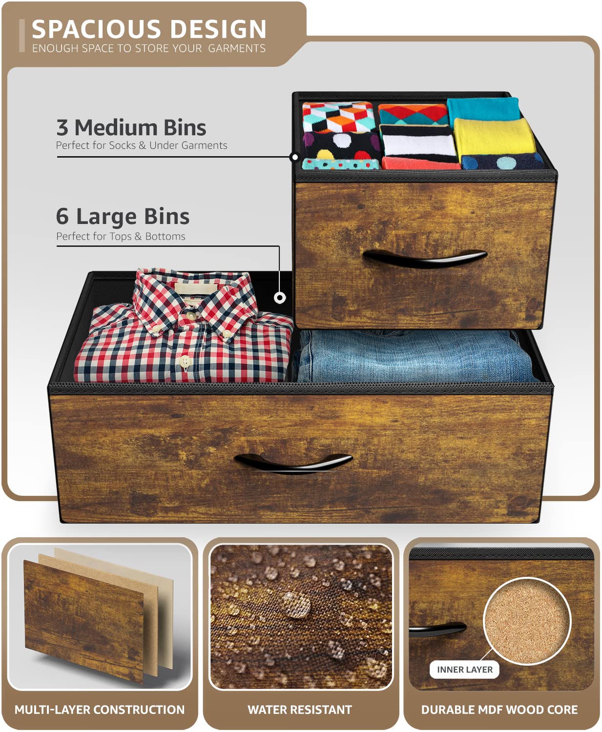Sorbus 9-Drawer Fabric Dresser Organizer - Tall Storage Tower for Bedroom, Closet & Living Room - Steel Frame with Wood Handles & Fabric Bins (Rustic Wood) - Perfect for Organizing Clothes, Toys & Home Essentials