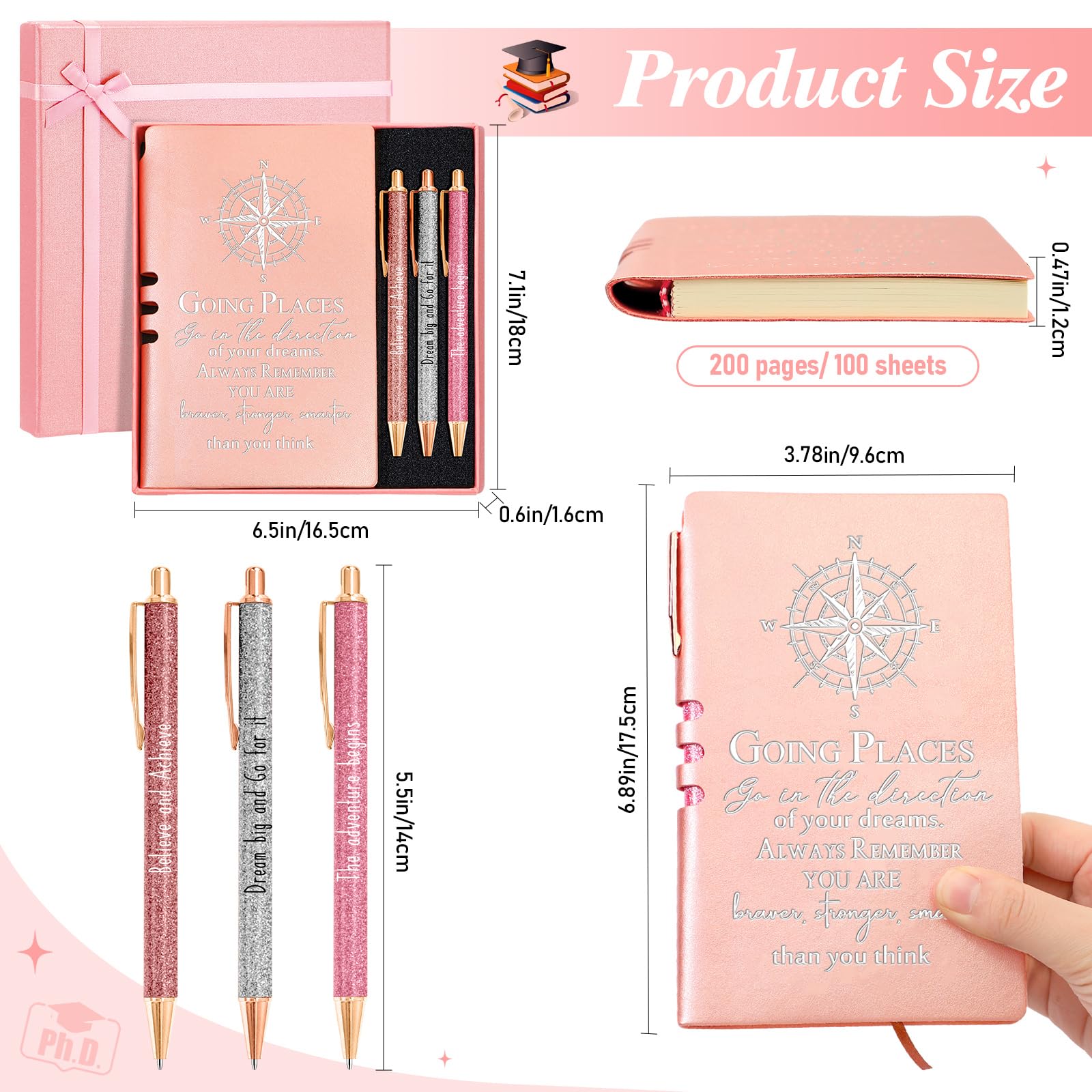 5-Piece Inspirational Journal and Pen Gift Set - Pink Leather Notebook with Ballpoint Pen, Graduation Gift for College, Senior & Middle School Students - Perfect for Graduation, Birthday, Teacher Appreciation & Motivational Gifts