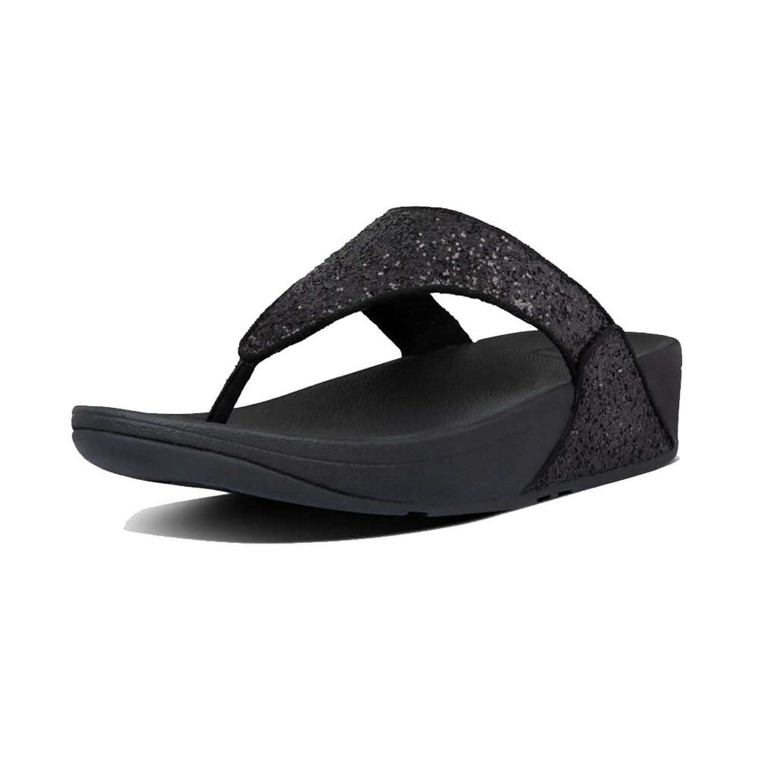 FitFlop Lulu Glitter Sandals for Women - Black Sparkle Comfort Flip Flops with Arch Support | Perfect for Beach, Pool, and Summer Vacation Outfits