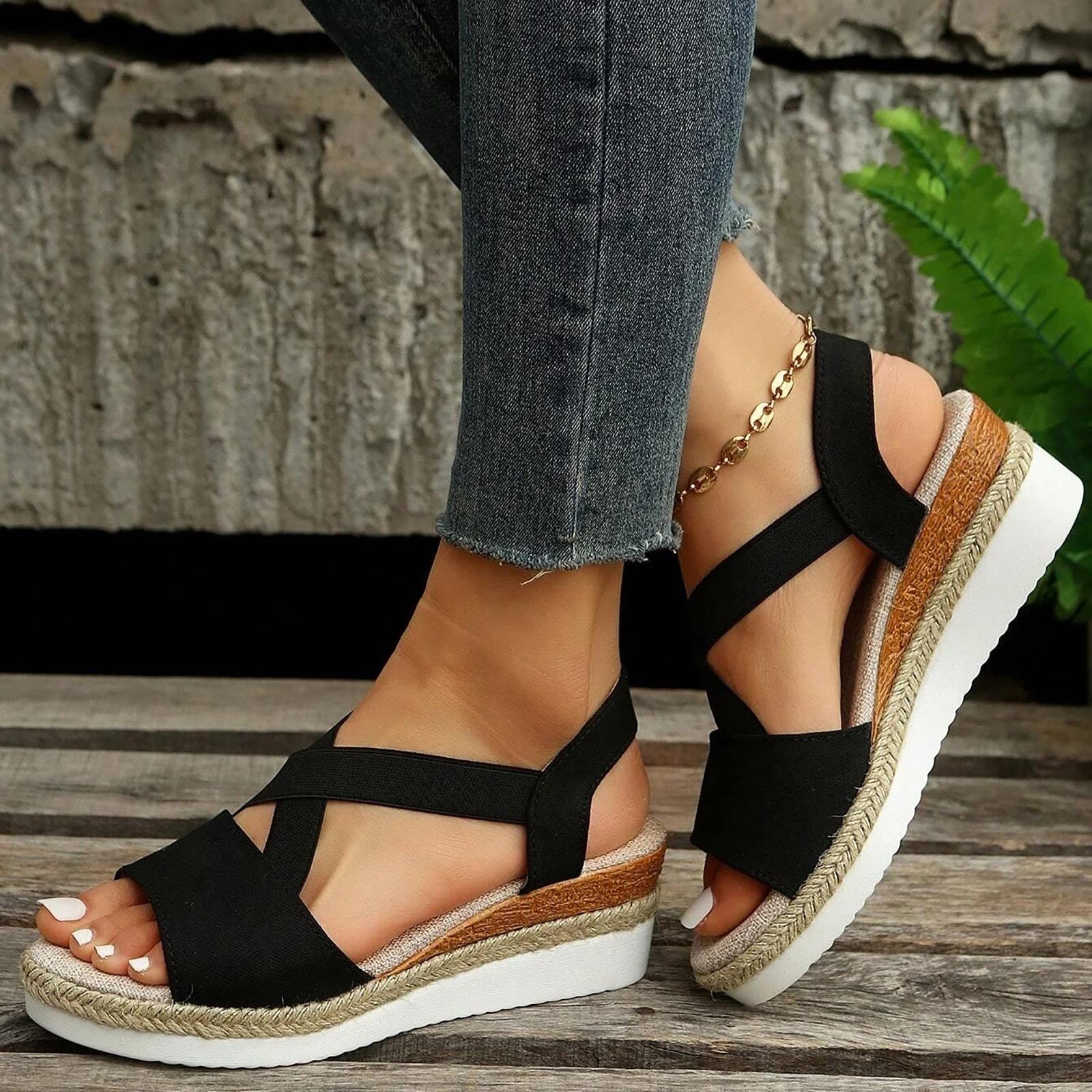 EMRELOD Women's Comfortable Orthopedic Wedge Sandals with Ankle Strap - Platform Espadrille Summer Shoes for Beach, Walking & Casual Outfits (Low Heel, Strappy Design, Bronze, Size 9) | Perfect for Vacations, Date Nights & Summer Fashion