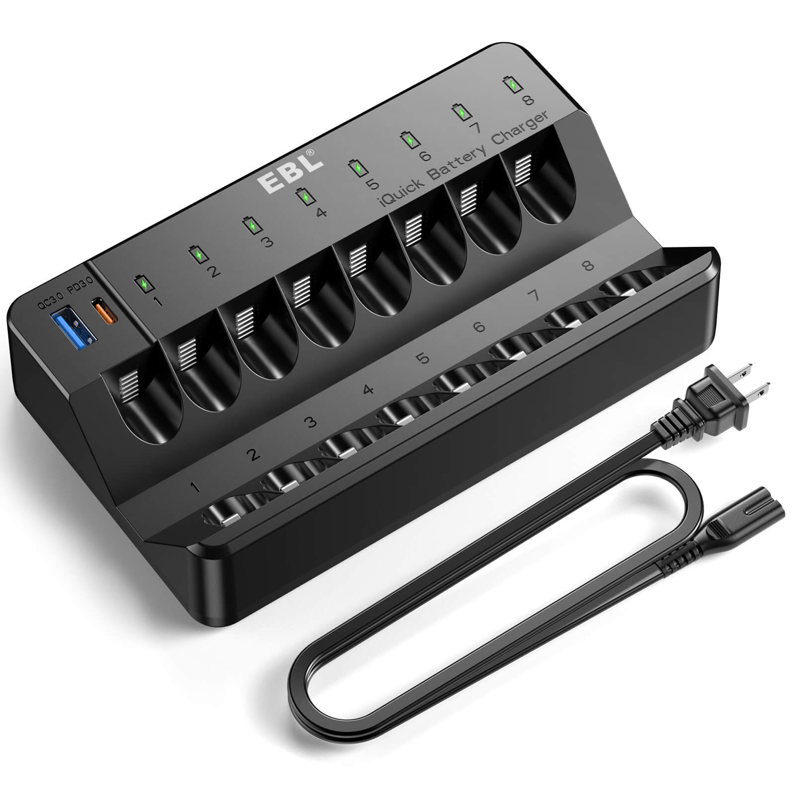 EBL 8 Bay Fast Battery Charger for AA AAA Ni-MH Ni-CD Rechargeable Batteries - Perfect for Cameras, Toys, Flashlights & Home Electronics