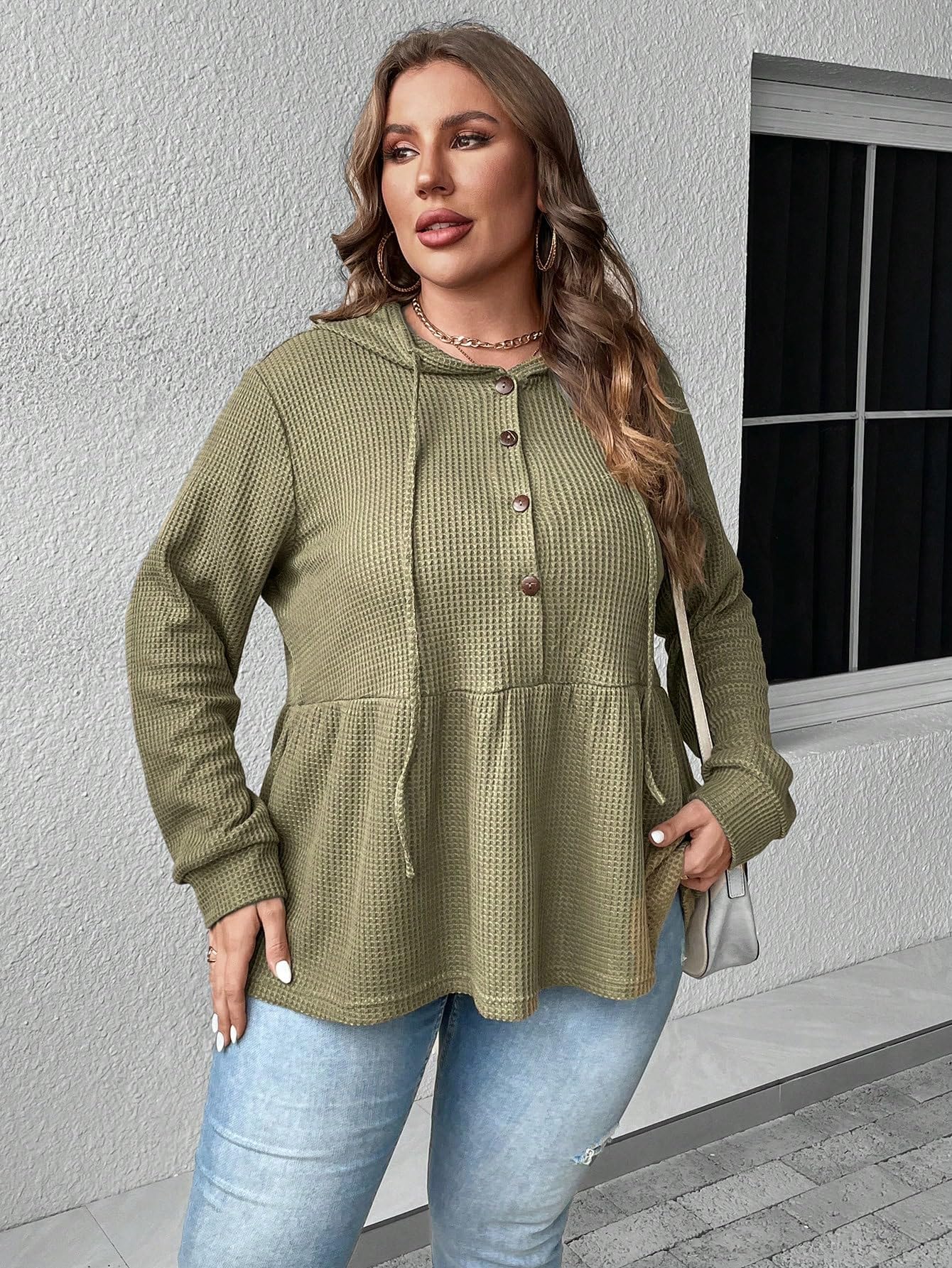 SweatyRocks Women's Plus Size Waffle Knit Ruffle Hem Hoodie - Button Front Drawstring Pullover for Casual Wear & Loungewear
