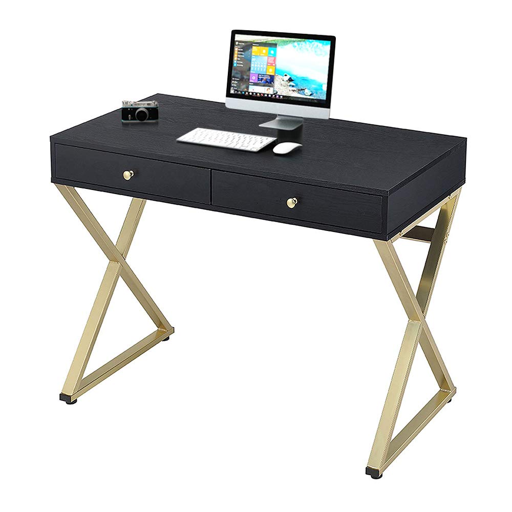 Modern Black & Brass Writing Desk with 2 Drawers - Elegant Vanity Dressing Table for Women, Stylish Makeup Desk, Home Office Workstation for PC/Laptop - Perfect for Bedroom, Living Room, and Home Office Spaces