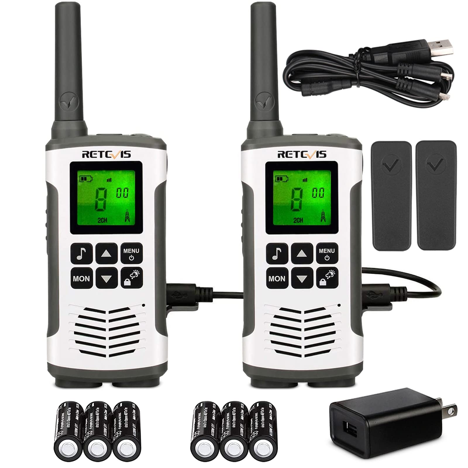 Retevis RT45 Long Range Rechargeable Walkie Talkies (2 Pack) - FRS Two Way Radios with Flashlight & NOAA Weather Alert - Ideal for Camping, Hiking, Outdoor Adventures & Emergency Communication