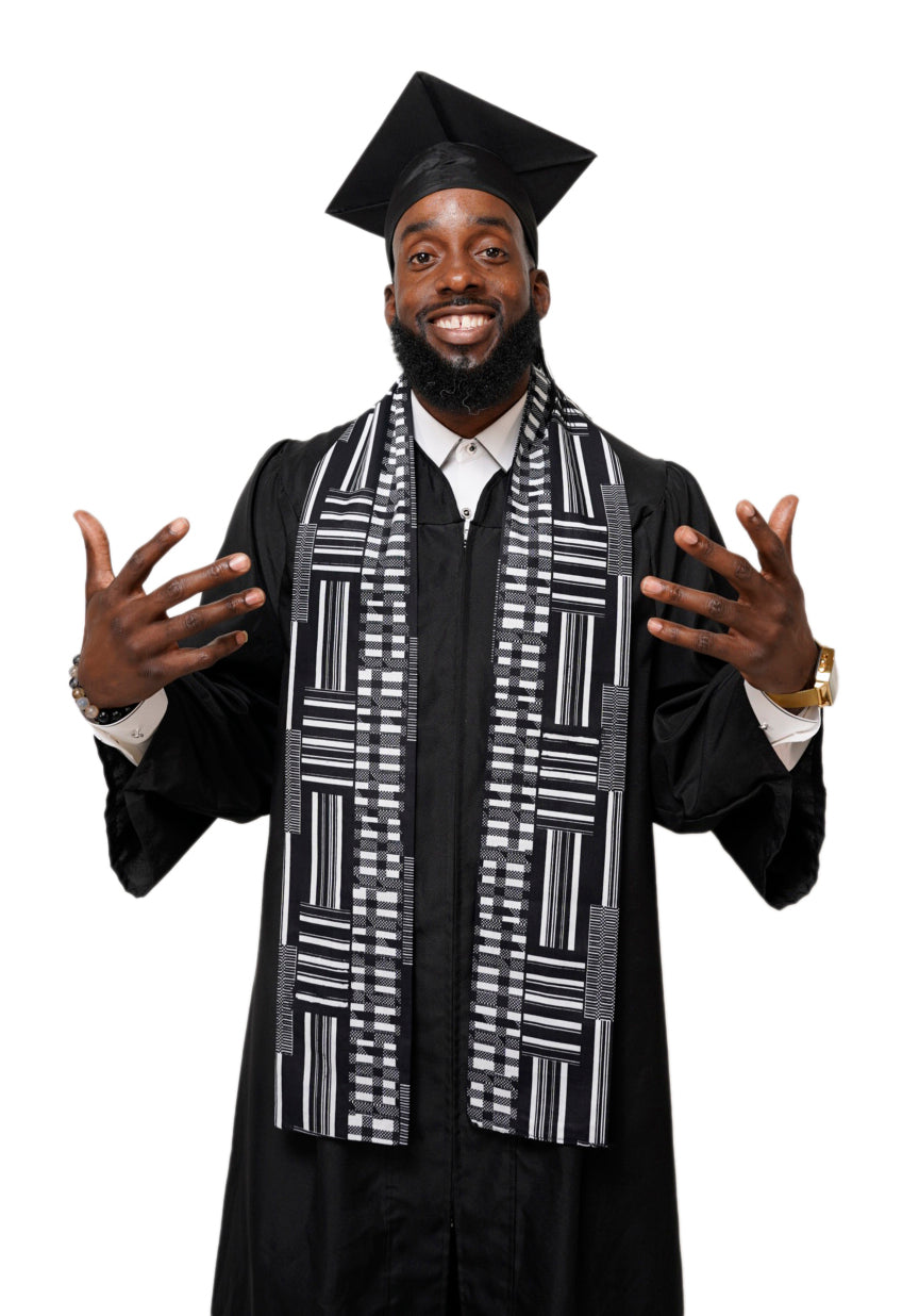 Elegant Black and White Kente African Print Graduation Stole/Sash DPB0795S1 - Perfect for Graduation Ceremonies, Cultural Events & African Heritage Celebrations