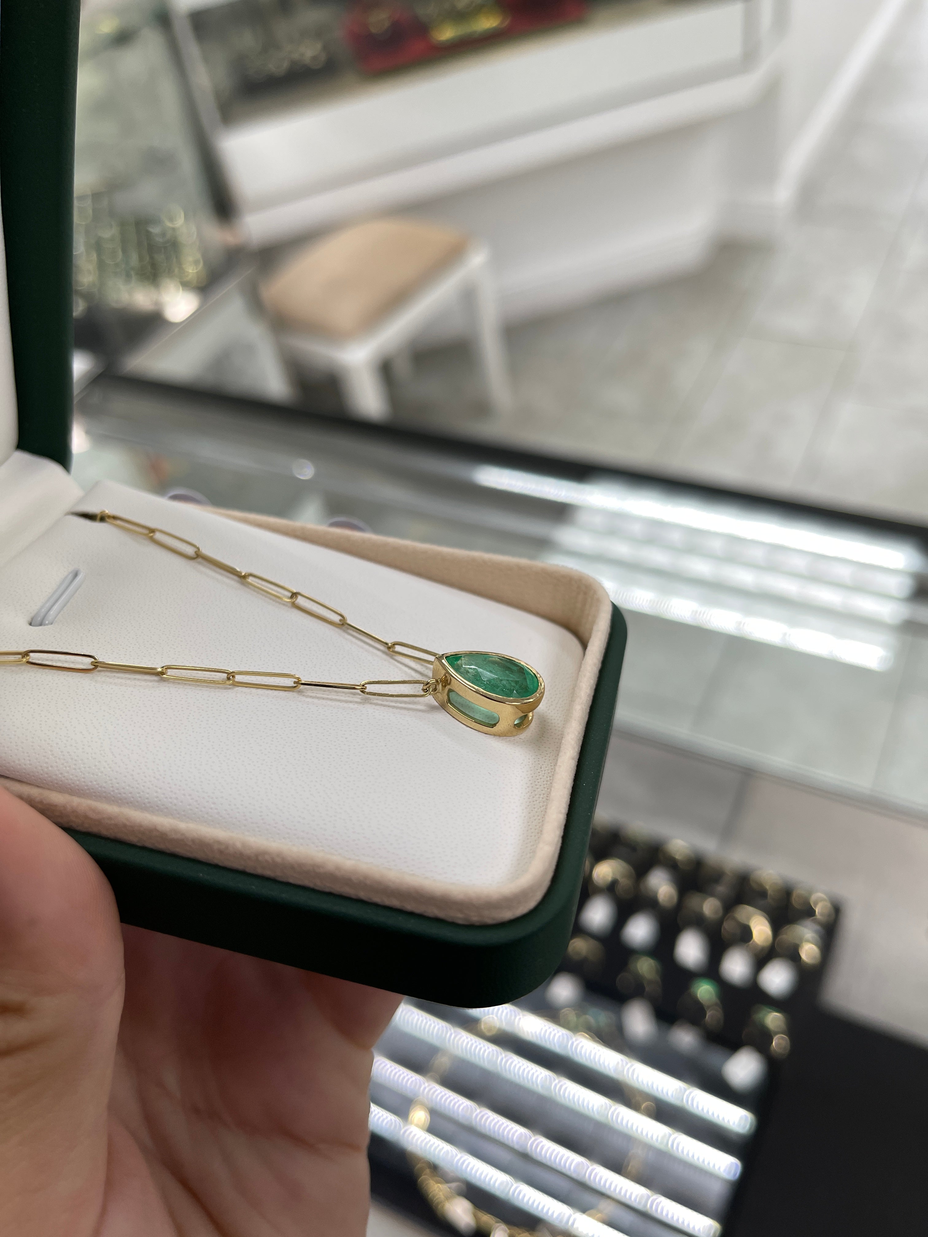 4.55 Carat Bezel Set Pear Cut Colombian Emerald Solitaire Paperclip Necklace - Elegant Jewelry for Weddings, Parties & Special Occasions