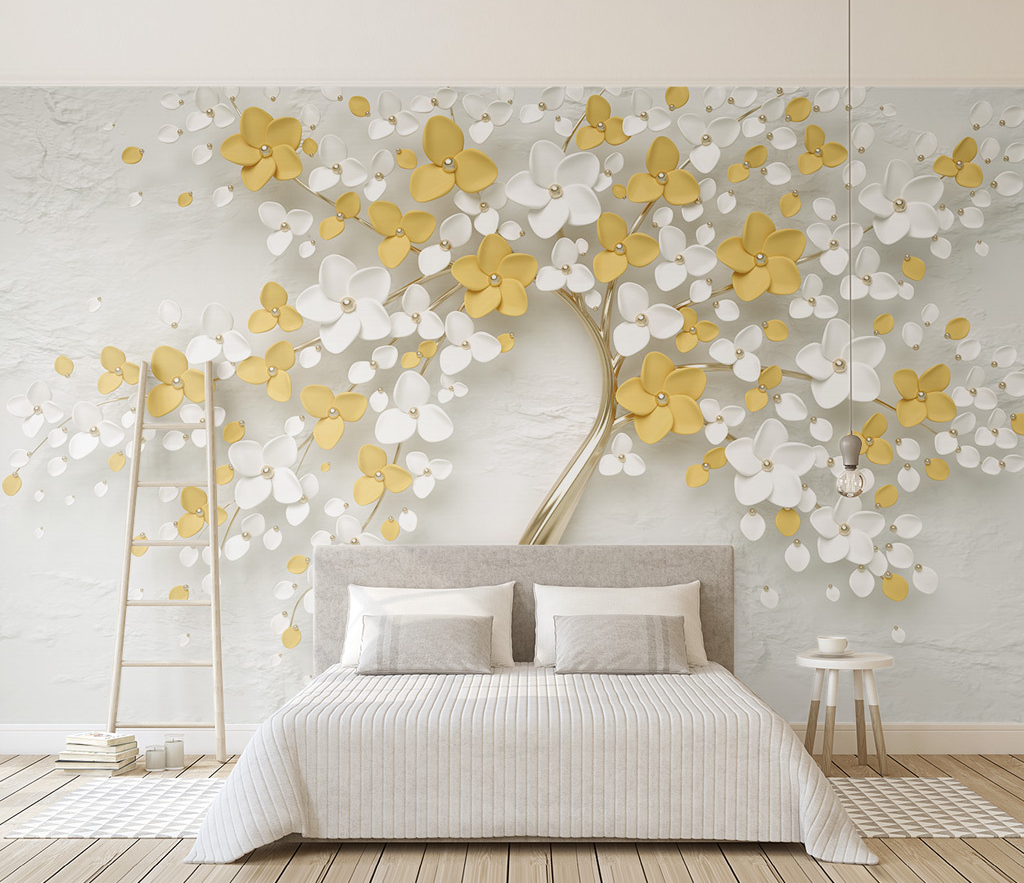 3D Tree White & Yellow Large Flowers Wallpaper Murals - Peel and Stick Removable Wallpaper for Living Room, Bedroom, Nursery Decor