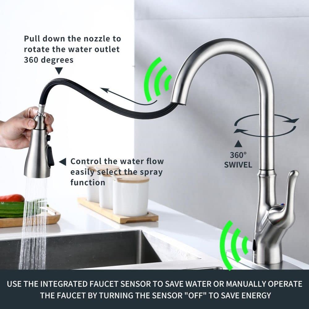 Touchless Kitchen Faucet with Motion Sensor - Brushed Nickel Deck Mount for 1 or 3 Hole Sink - Ideal for Modern Kitchens, Restaurants & Commercial Spaces