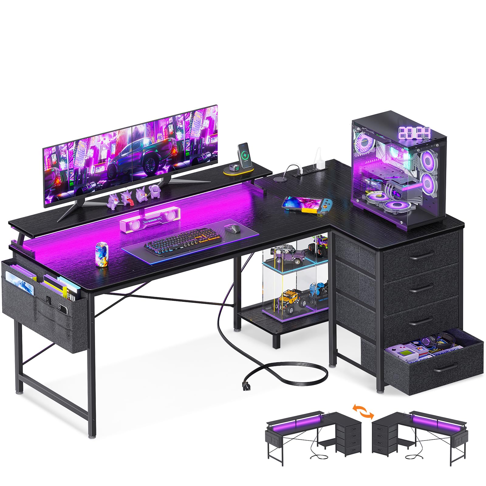 ODK 55-Inch L Shaped Gaming Desk with LED Lights & USB Ports, Reversible Computer Desk with 4 Drawers & CPU Stand, Ergonomic Corner Desk for PC Gaming Setup - Perfect for Small Spaces & Bedroom Gaming Stations (Black)