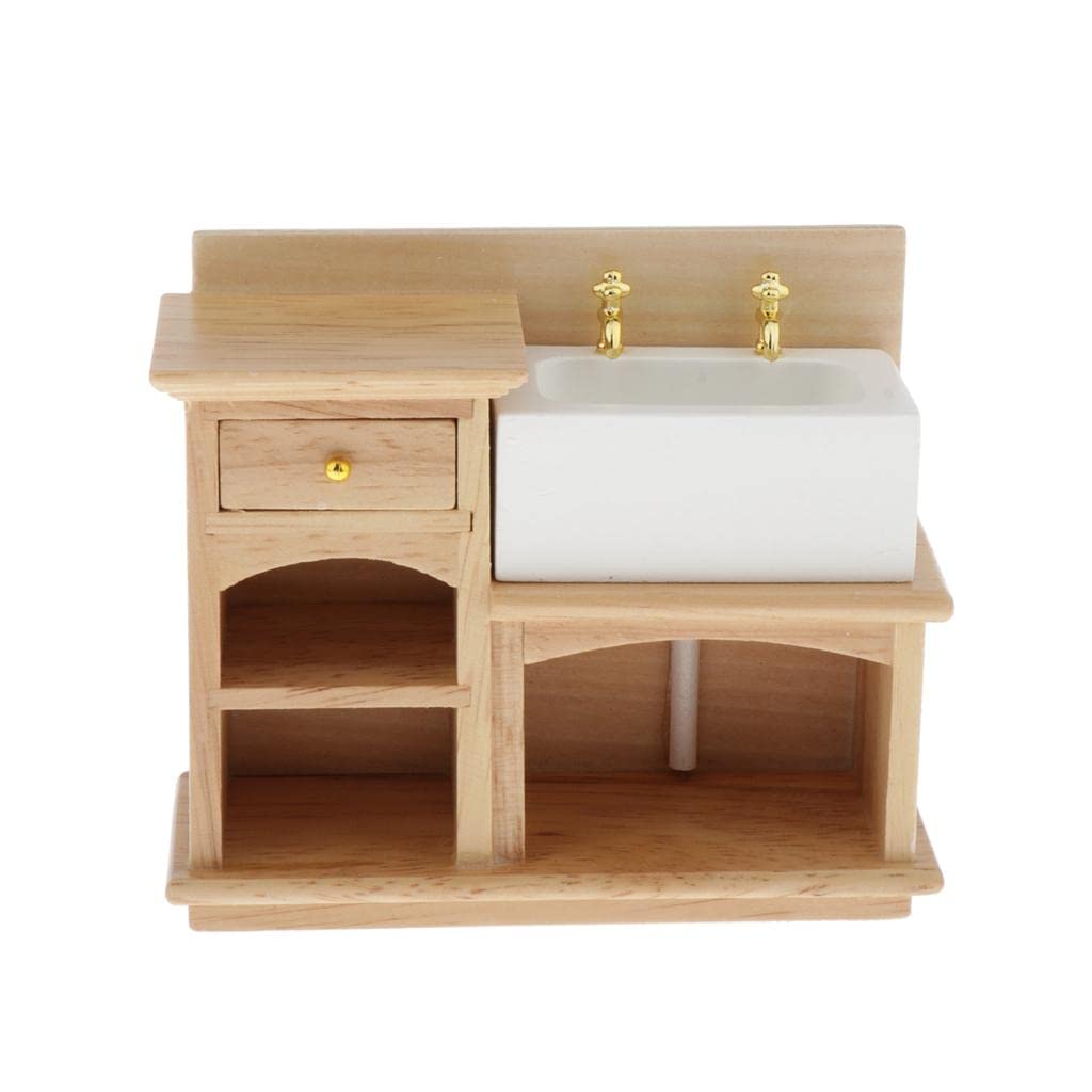Miniature Wooden Cabinet with Ceramic Sink - Dollhouse Bathroom & Kitchen Furniture for Home Decor, DIY Miniature House Accessories - Perfect for Dollhouse Enthusiasts and Collectors