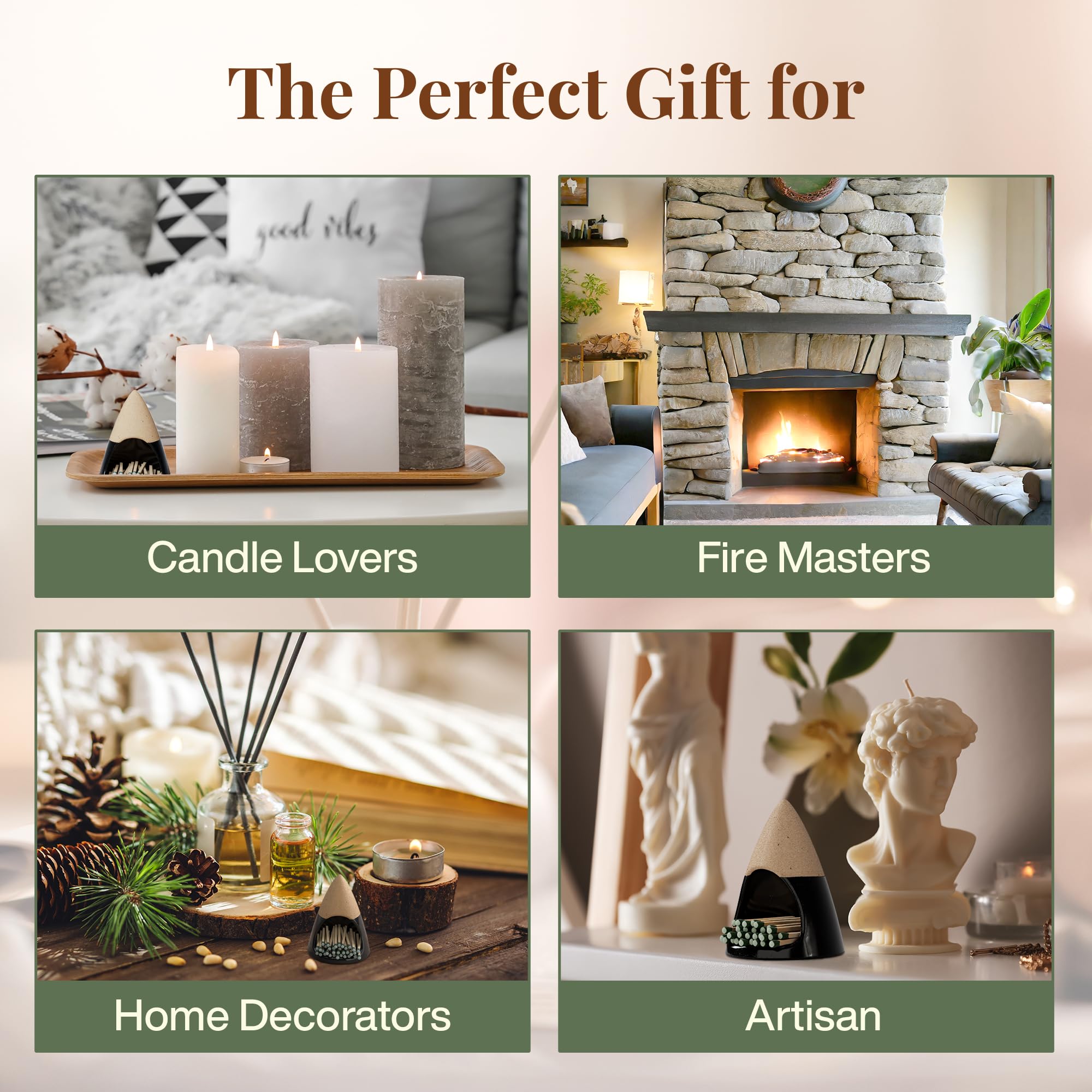 Kazzu Ceramic Match Holder with Striker - Decorative Matchstick Dispenser for Fireplace, Candles & Kitchen (Matches Sold Separately) | Rustic Home Decor & Useful Fire Starter Accessory