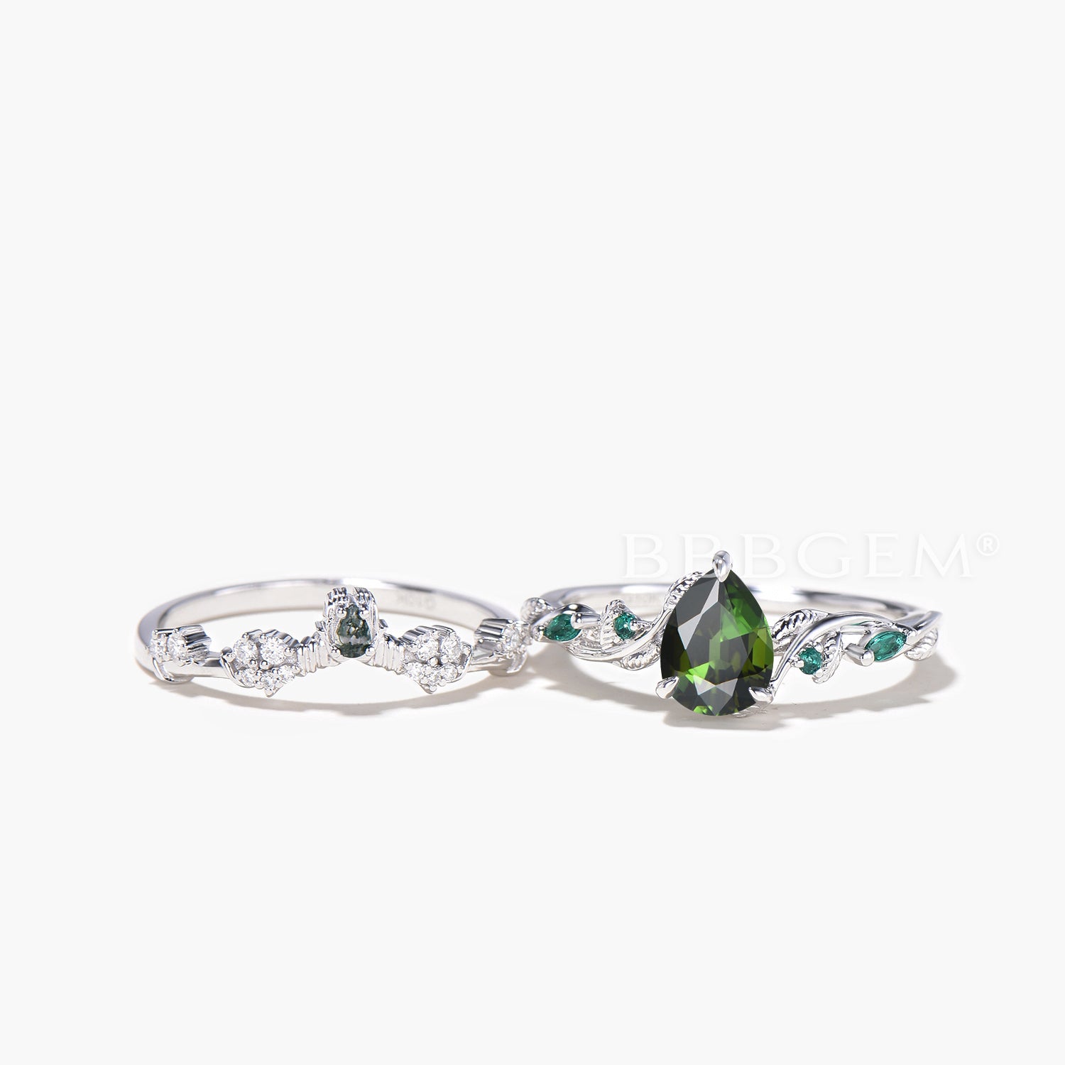 Pear Cut Natural Green Tourmaline Leaf Engagement Ring with Agate & Diamond Accents - Elegant Bridal Set for Wedding, Proposal & Anniversary Celebrations