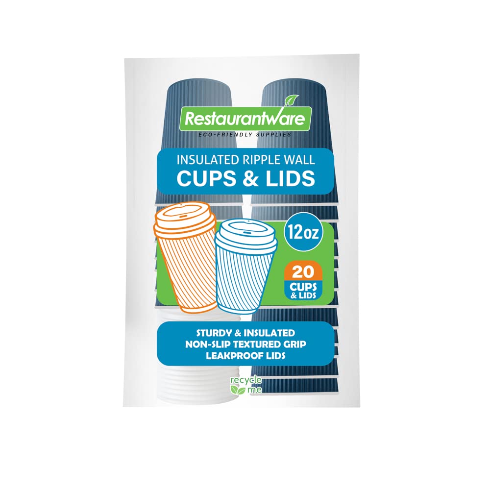 12oz Insulated Coffee Cups with Lids (20 Pack) - Leakproof & Non-Slip Ripple Wall Hot Cups | Disposable Midnight Blue Paper Cups for Coffee, Tea, Hot Cocoa & Lattes | Perfect for Cafes, Offices & Home Use