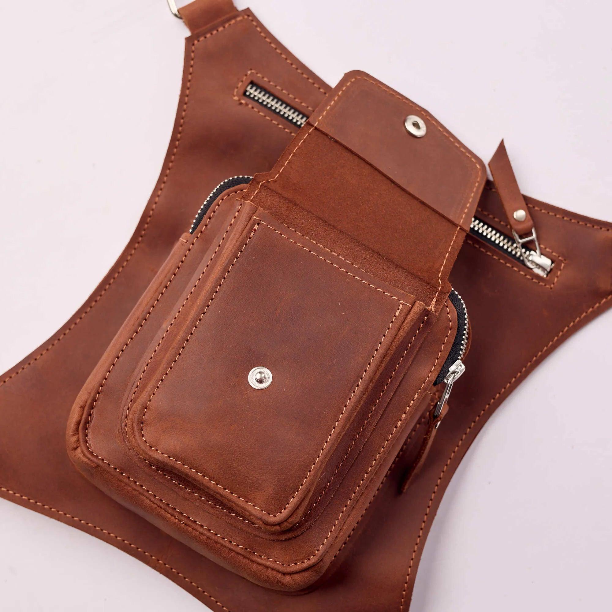 Premium Leather Hip Pack with Adjustable Thigh Strap - Waist Fanny Pack for Travel, Hiking & Outdoor Activities - Hands-Free Crossbody Bag for Men & Women