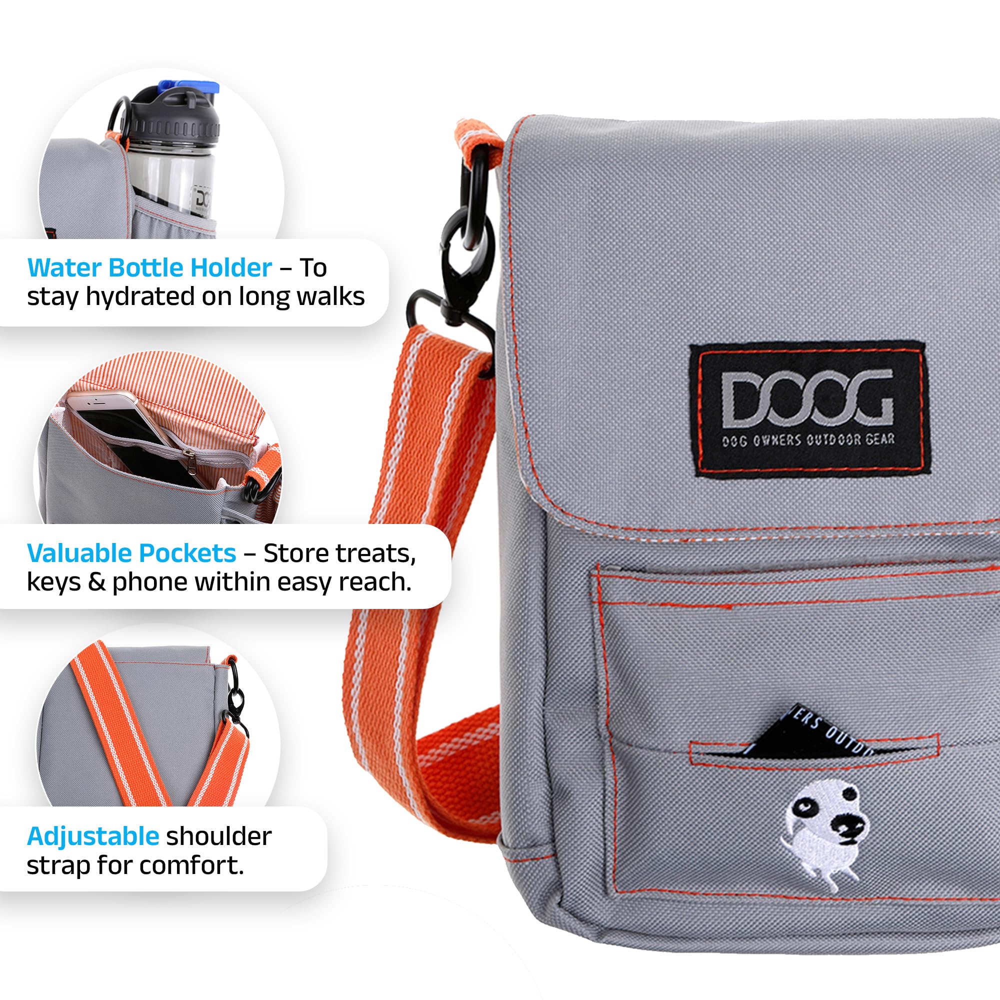 DOOG Adjustable Shoulder Walkie Bag for Dogs - Lightweight Pet Carrier with Poo Bag & Water Bottle Pockets - Perfect for Hiking, Travel & Daily Walks (Grey)