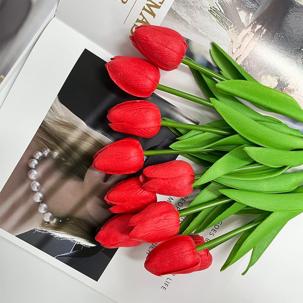 10 Pcs Realistic PU Touch Tulip Artificial Flowers - Red Fake Tulip Bouquet for Home, Office, Wedding, Party & Event Decorations - Perfect for Centerpieces, Table Arrangements & DIY Floral Projects