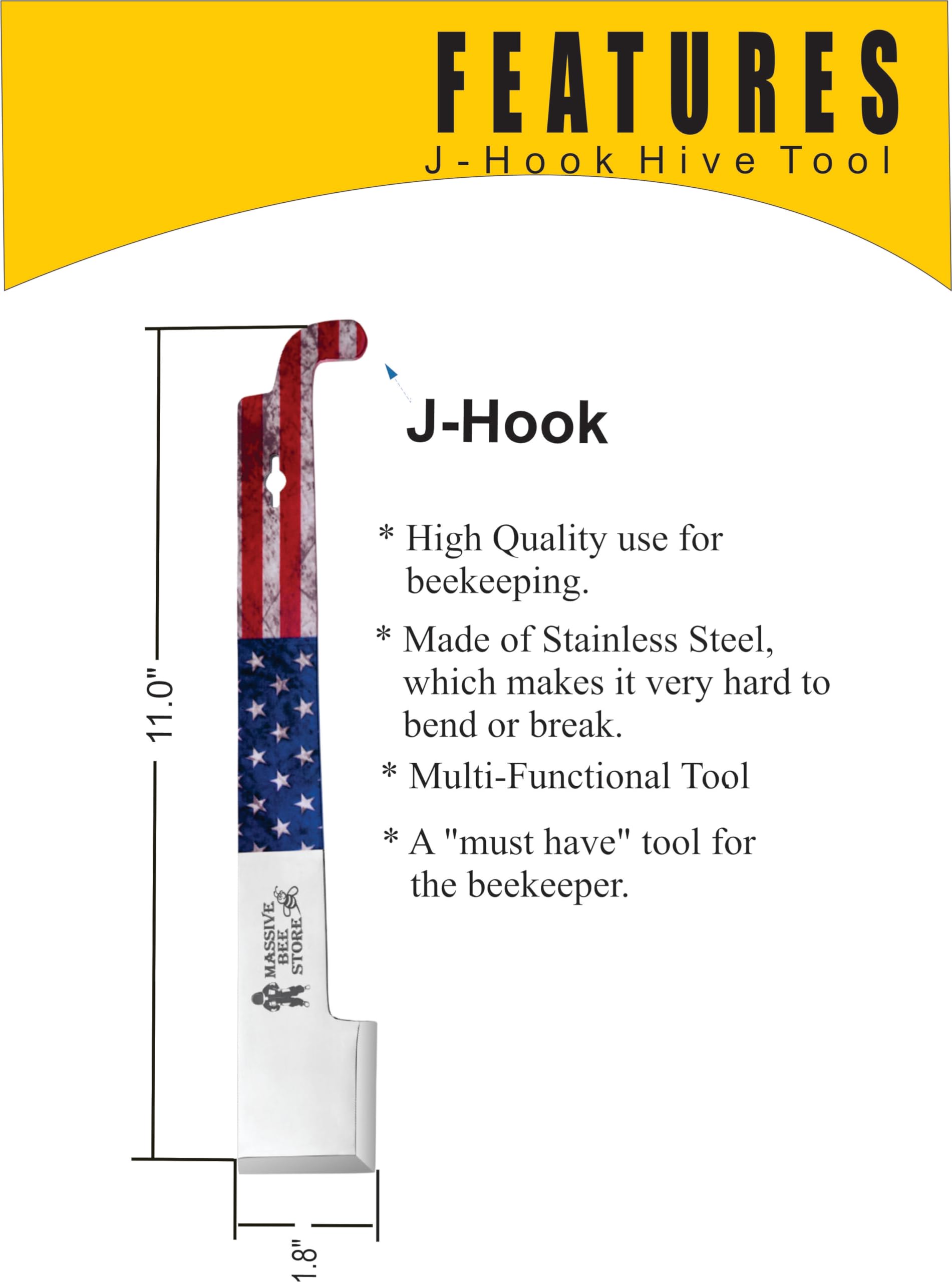 11 Inch J Hook Frame Lifter & Scraper - Beekeeping Hive Tool Set with US Flag Design (2 Pack) - Essential for Honeycomb Removal & Hive Maintenance