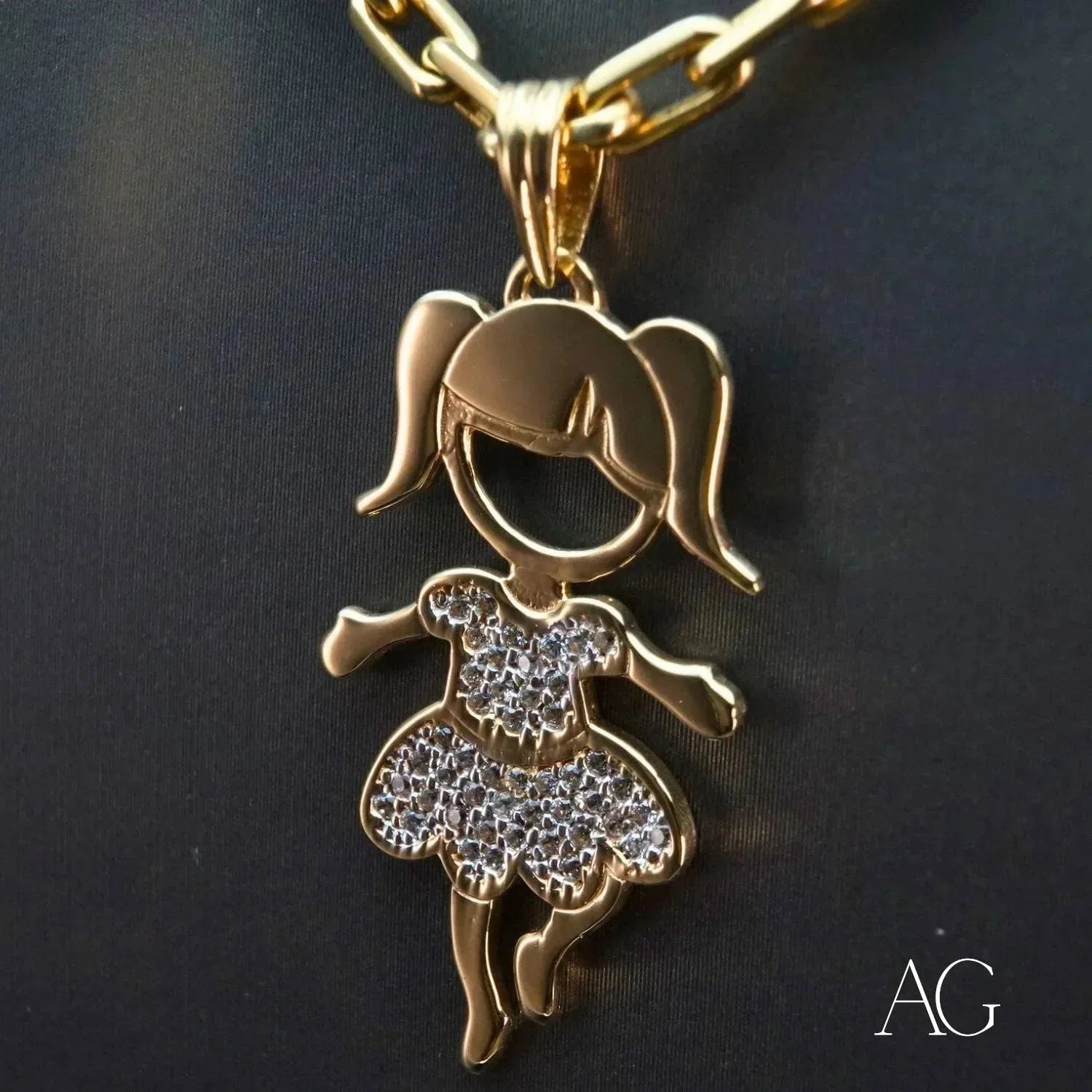 18K Gold Pendant Necklace with CZ Stones - Elegant Doll Charm Jewelry for Women, Perfect for Gifts, Parties and Special Occasions
