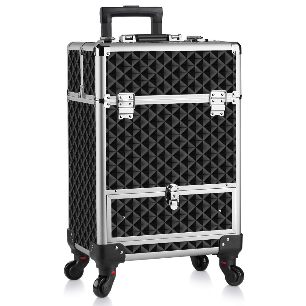 OUDMAY Professional Aluminum Rolling Makeup Case with Drawers & Locks - Large Cosmetic Organizer for Travel, Salon, and Makeup Artists | Portable Beauty Storage Box