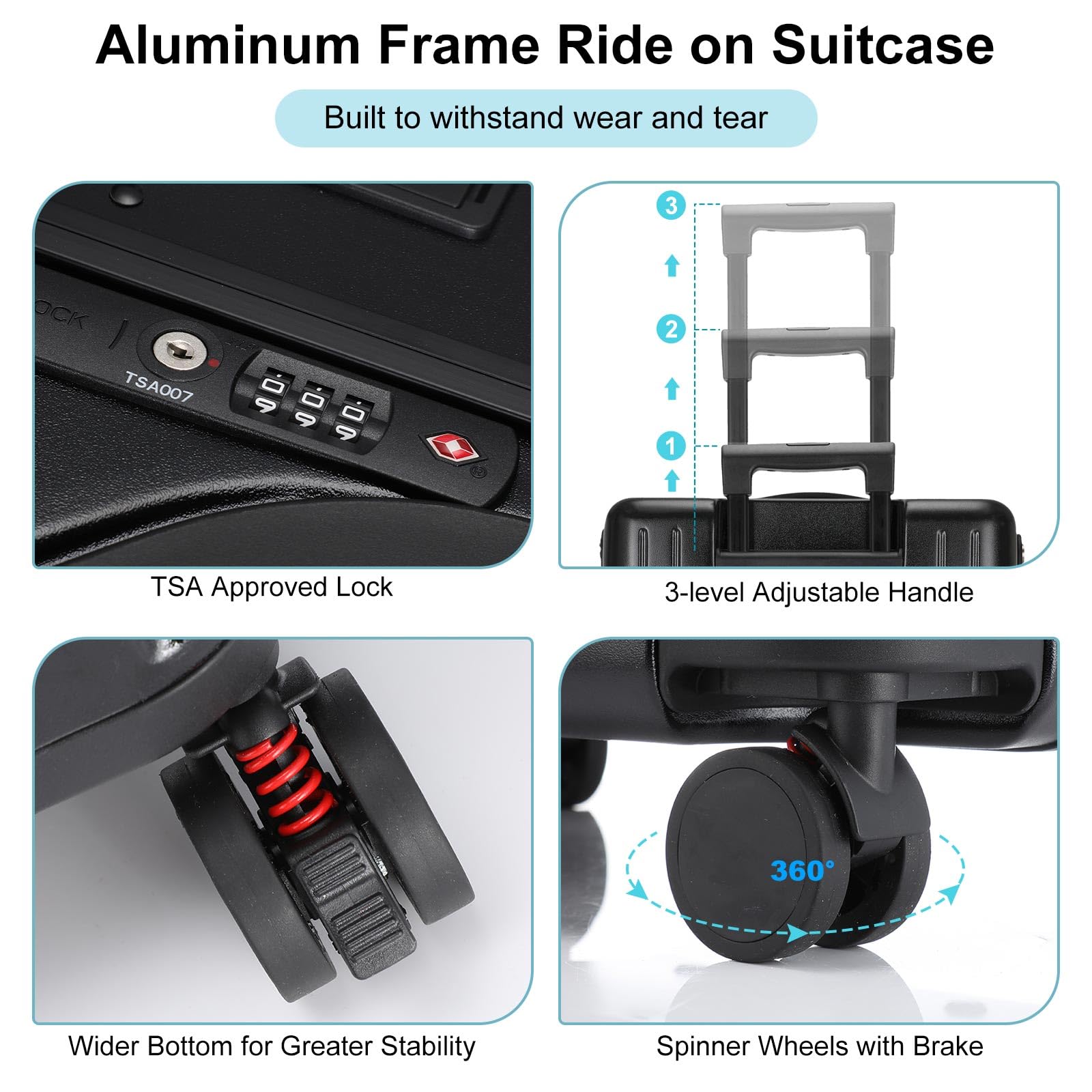20 Inch Kids Ride-On Luggage with Seat - Top Opening Aluminum Frame Suitcase with 360° Spinner Wheels & TSA Locks - Perfect for Air Travel & Family Vacations (Black)
