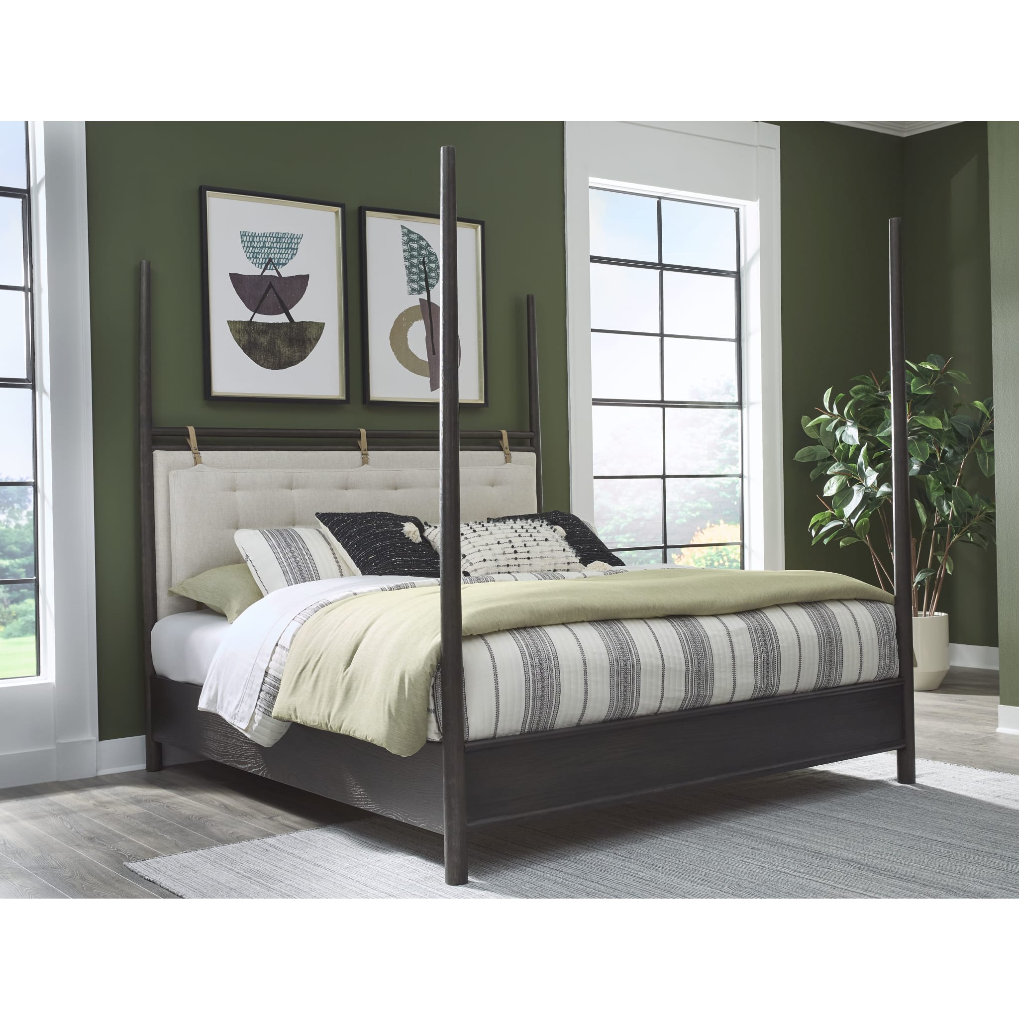 Rockport Upholstered Poster Bed Frame - Yin & Turtle Dove Linen Fabric Queen/King Size Bed - Elegant Master Bedroom Furniture for Luxurious Home Decor