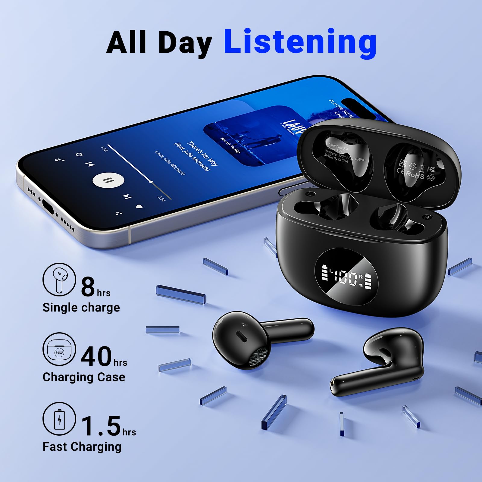 **Godyse Wireless Bluetooth 5.3 Earbuds with 4 ENC Noise Cancelling Mic, Hi-Fi Stereo Sound, IPX6 Waterproof, Touch Control, 40H Playtime - Compatible with iOS & Android (Black) - Perfect for Workouts, Commuting & Travel**