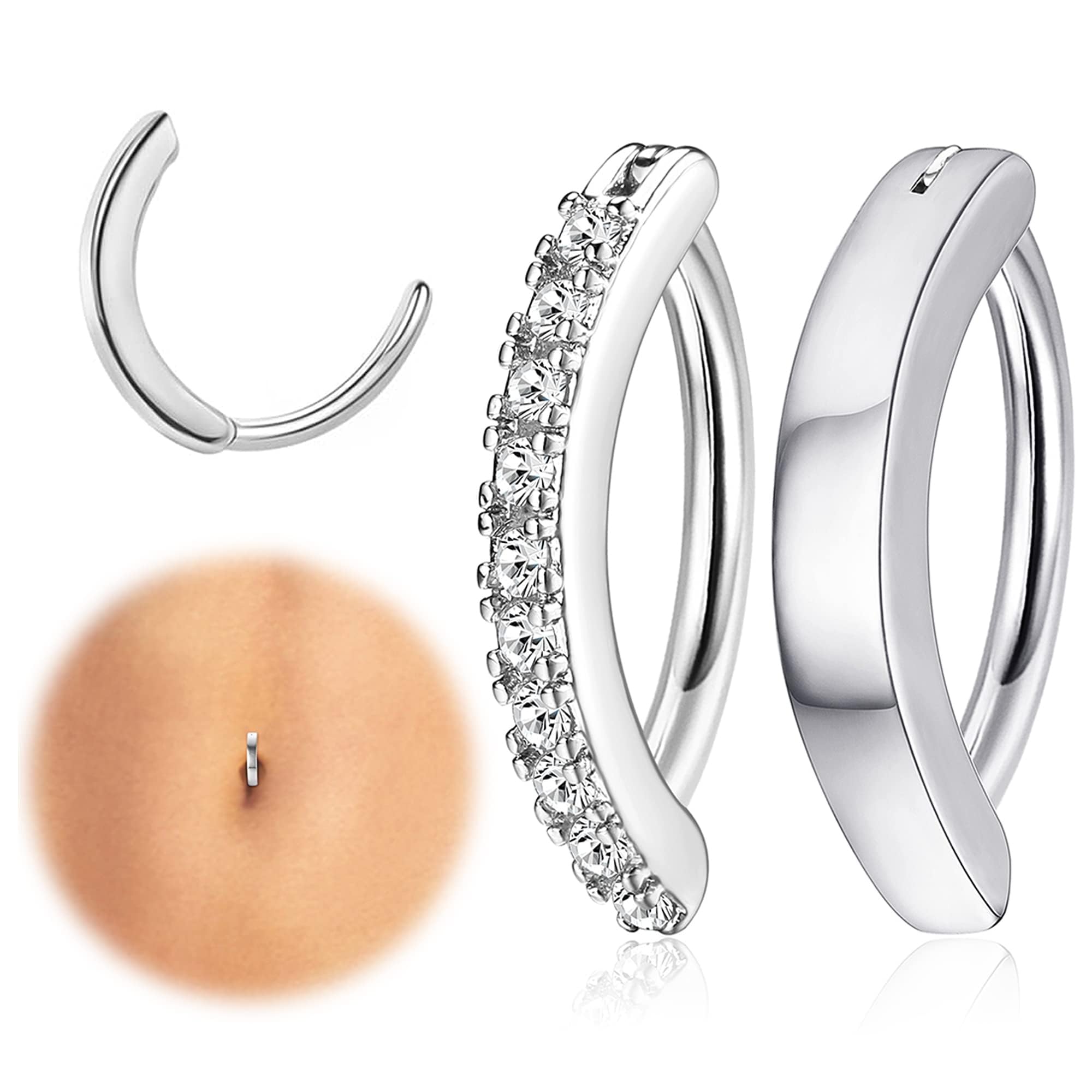 316L Stainless Steel Fake Belly Button Rings - Non Piercing Navel Jewelry for Women | Fashion Hoop Belly Rings (2PCS, Silver) | Perfect for Parties, Beach Wear & Everyday Fashion Accessories