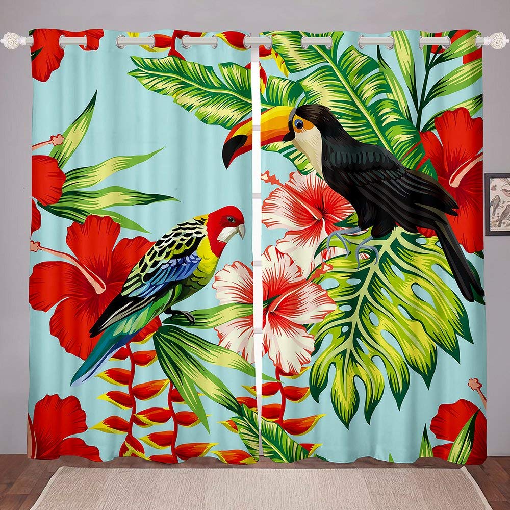 Watercolor Bird & Flower Printed Window Curtains - Natural Microfiber Fabric with Steel Grommet Top, 2 Panel Set (104Wx96L inches) for Bedroom, Living Room & Plant Window Treatment | Elegant Home Decor & Light Filtering Window Drapes