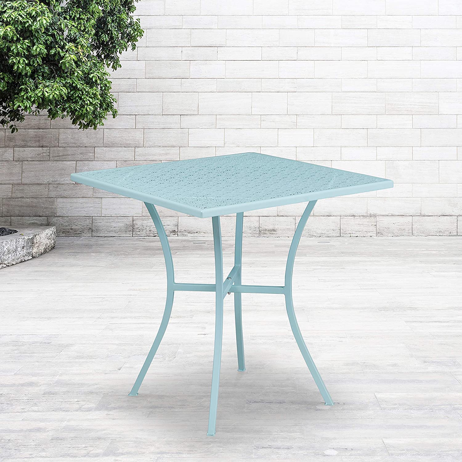 Oakestry 28-Inch Square Commercial Grade Steel Patio Table - Sky Blue Indoor Outdoor Dining Set for Backyard, Garden, Poolside & Restaurant Use