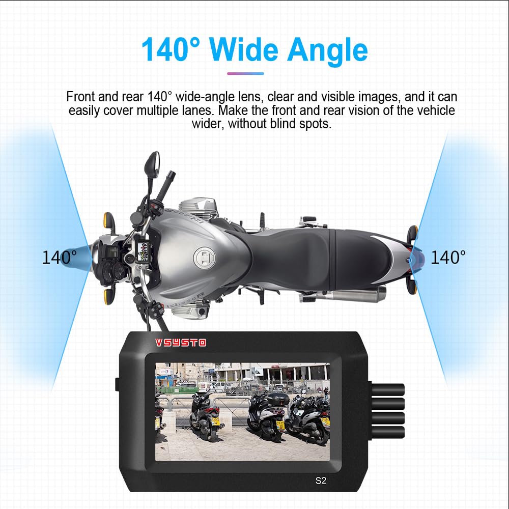 VSYSTO 3 Inch Waterproof Motorcycle Dash Cam with WiFi, 140° Wide Angle Lens, Dual 1080P Front & Rear Camera, GPS, Night Vision, Parking Monitoring - Ideal for Motorbike Safety Recording and Adventure Riding