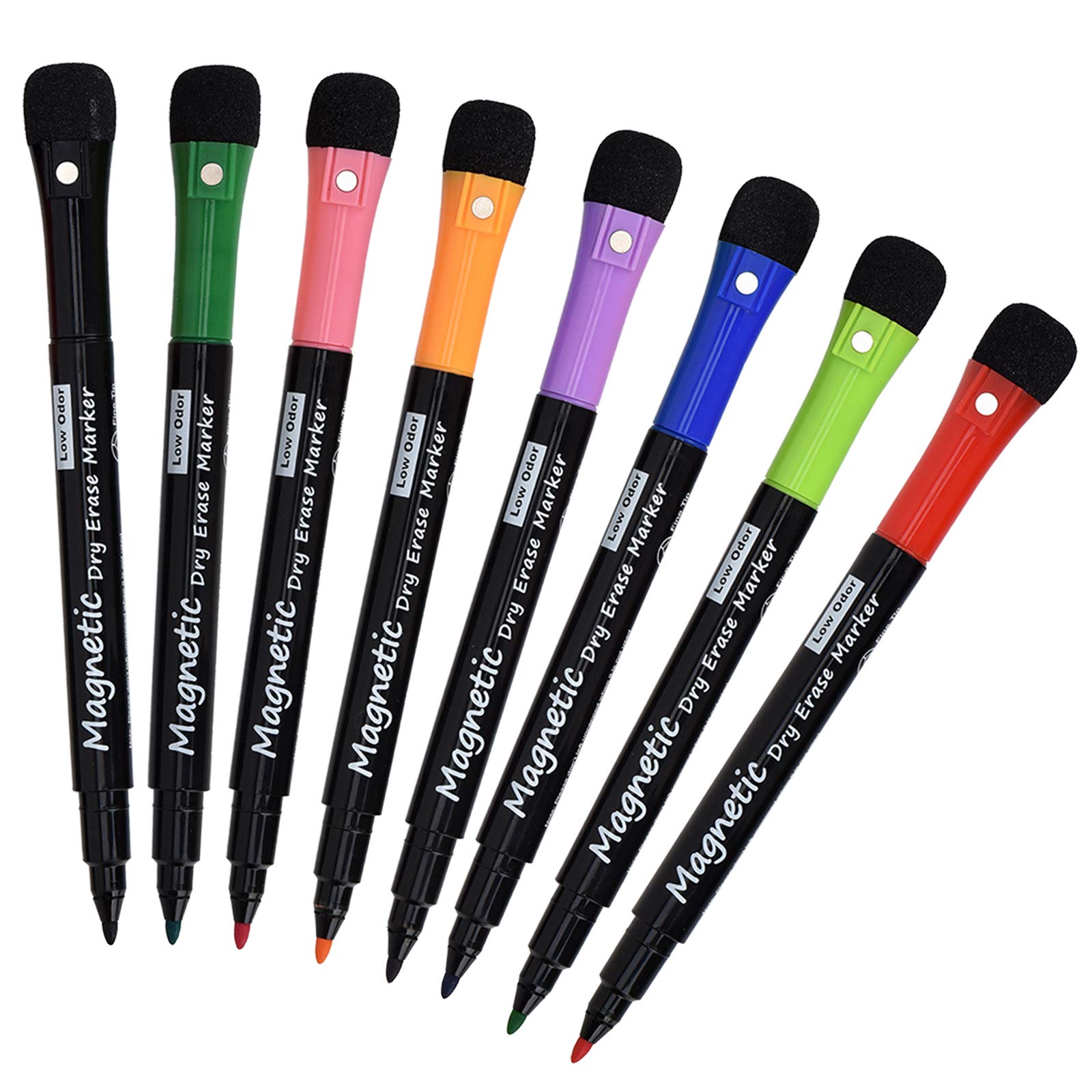 **Dealkits Low Odor Magnetic Dry Erase Markers (8 Pack) - Fine Tip Whiteboard Markers with Erasers for Kids & Teachers - Perfect for Classroom, Office, Calendar, and Home Whiteboard Use**