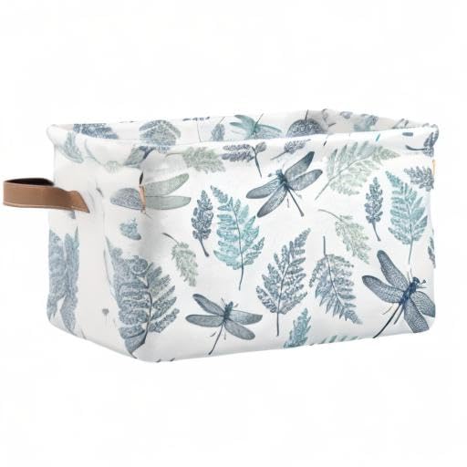 Susiyo Large Foldable Storage Bin - Fern Botanical Dragonfly Fabric Collapsible Basket with PU Handles for Home Organization | Perfect for Shelves, Closet, Bedroom & Living Room Storage (1-Pack)